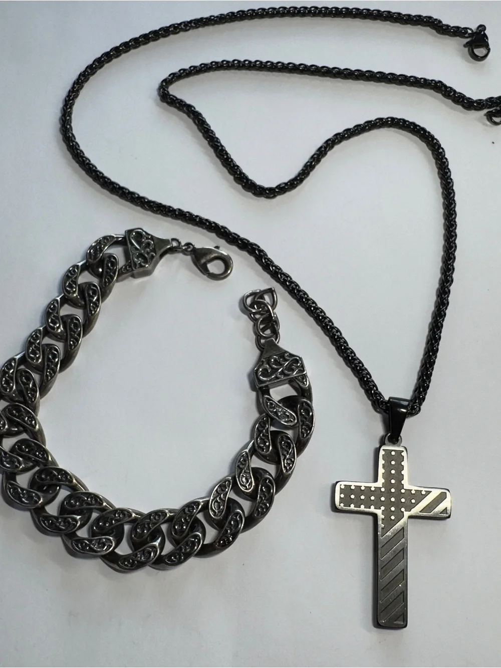 13”Men's Cody James Black Stainless Steel Cross Necklace and Link Bracelet Set